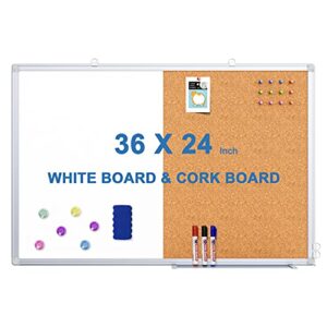 dry erase board and cork board combo, magnetic white board combination bulletin board for office wall, 36 x 24 inches push pin whiteboard vision board for home office with 3 marker 1 erase 6 magnet
