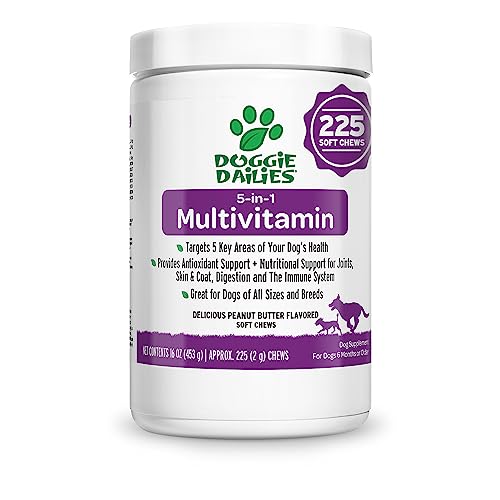 Doggie Dailies 5 in 1 Multivitamin for Dogs, 225 Soft Chews, Dog Multivitamin for Skin and Coat Health, Joint Health, Improved Digestion, Antioxidants, Support a Healthy Immune System