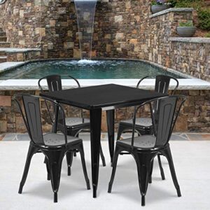 emma + oliver commercial 31.5" square black metal indoor-outdoor table set-4 stack chairs