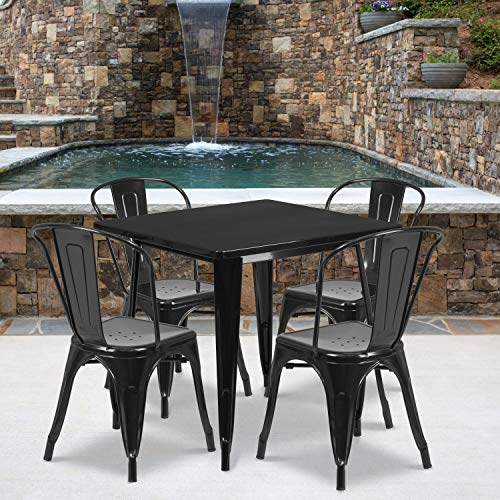 EMMA + OLIVER Commercial 31.5" Square Black Metal Indoor-Outdoor Table Set-4 Stack Chairs