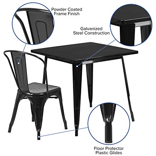 EMMA + OLIVER Commercial 31.5" Square Black Metal Indoor-Outdoor Table Set-4 Stack Chairs