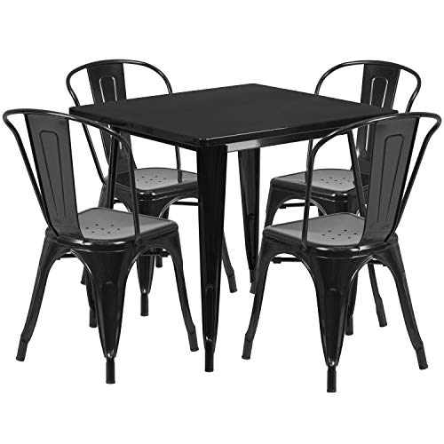 EMMA + OLIVER Commercial 31.5" Square Black Metal Indoor-Outdoor Table Set-4 Stack Chairs