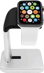 macally apple watch stand for series ultra, 9, 8, 7, 6, 5, 4, 3, 2, 1, se (44mm, 42mm, 40mm, 38mm) - sleek nightstand for apple watch charger stand dock holder - sleek iwatch charging station - silver
