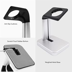 Macally Apple Watch Stand for Series Ultra, 9, 8, 7, 6, 5, 4, 3, 2, 1, SE (44mm, 42mm, 40mm, 38mm) - Sleek Nightstand for Apple Watch Charger Stand Dock Holder - Sleek iWatch Charging Station - Silver