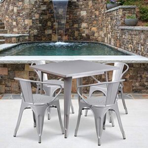 emma + oliver commercial grade 31.5" square silver metal indoor-outdoor table set-4 arm chairs