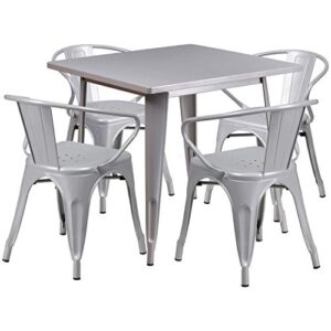 EMMA + OLIVER Commercial Grade 31.5" Square Silver Metal Indoor-Outdoor Table Set-4 Arm Chairs