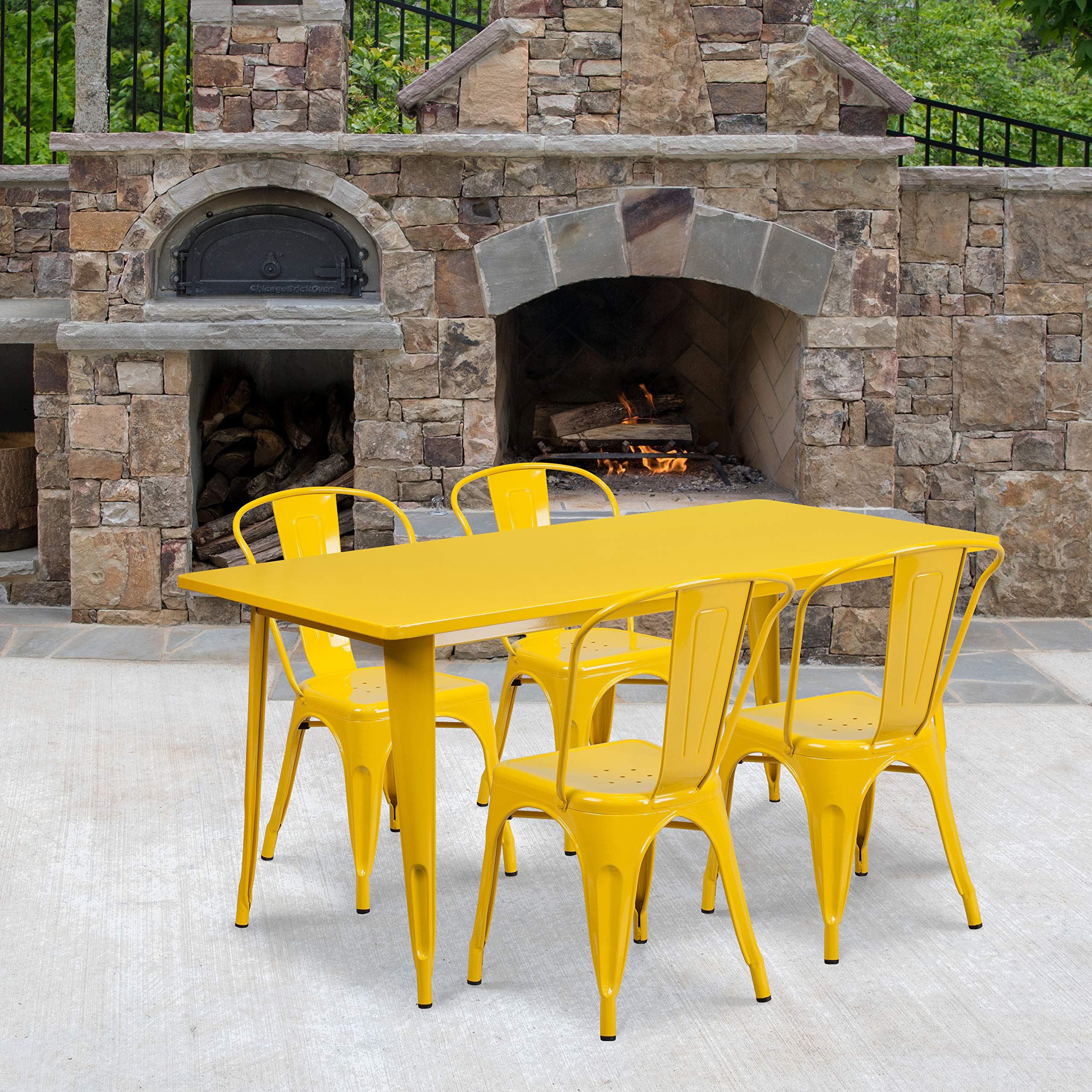 EMMA + OLIVER Commercial Rectangular Yellow Metal Indoor-Outdoor Table Set-4 Stack Chairs