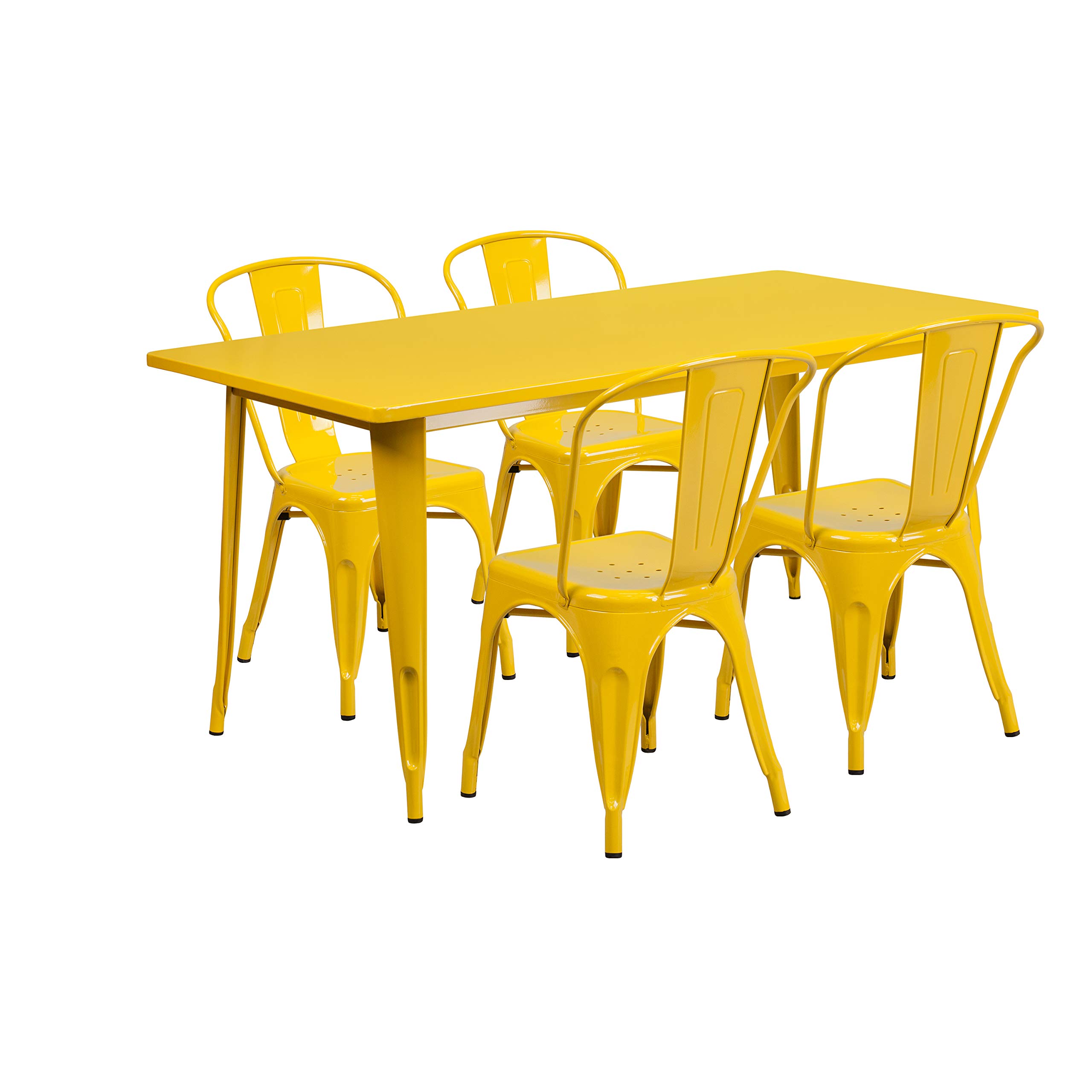 EMMA + OLIVER Commercial Rectangular Yellow Metal Indoor-Outdoor Table Set-4 Stack Chairs