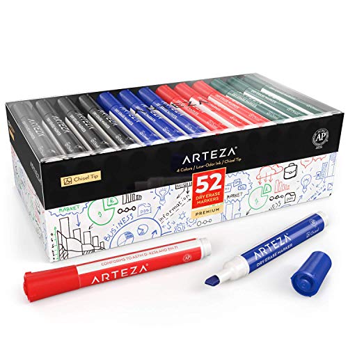 Arteza Dry Erase Markers, Bulk Pack of 52, Chisel Tip, 4 Assorted Colors with Low-Odor Ink, Whiteboard Markers, Back to School Supplies for Classroom, Office, or Home