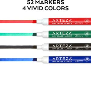 Arteza Dry Erase Markers, Bulk Pack of 52, Chisel Tip, 4 Assorted Colors with Low-Odor Ink, Whiteboard Markers, Back to School Supplies for Classroom, Office, or Home