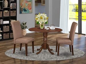 east west furniture dlba3-mah-18 3 piece modern dining table set contains a round wooden table with dropleaf and 2 brown linen linen fabric parsons dining chairs, 42x42 inch, mahogany