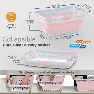 Pop & Load Collapse & Store 1 Large 25" Slim Collapsible Plastic Laundry Basket, Space Saving Portable Pop Up Storage & Organization Basket, 3" High When Folded, 3 Comfort Grip Handles, Blush Pink