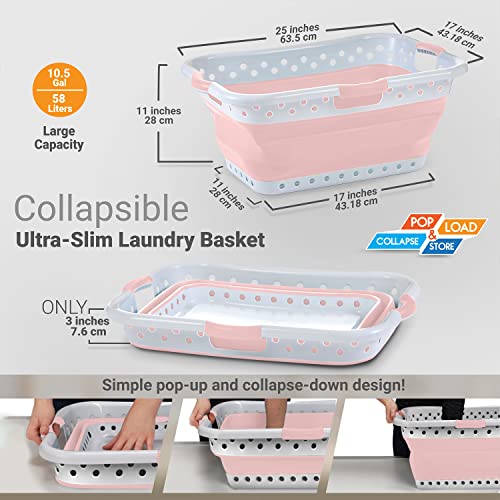 Pop & Load Collapse & Store 1 Large 25" Slim Collapsible Plastic Laundry Basket, Space Saving Portable Pop Up Storage & Organization Basket, 3" High When Folded, 3 Comfort Grip Handles, Blush Pink