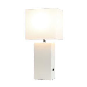 Elegant Designs LT1053-WHT Modern Leather Table Lamp with USB and White Fabric Shade, White