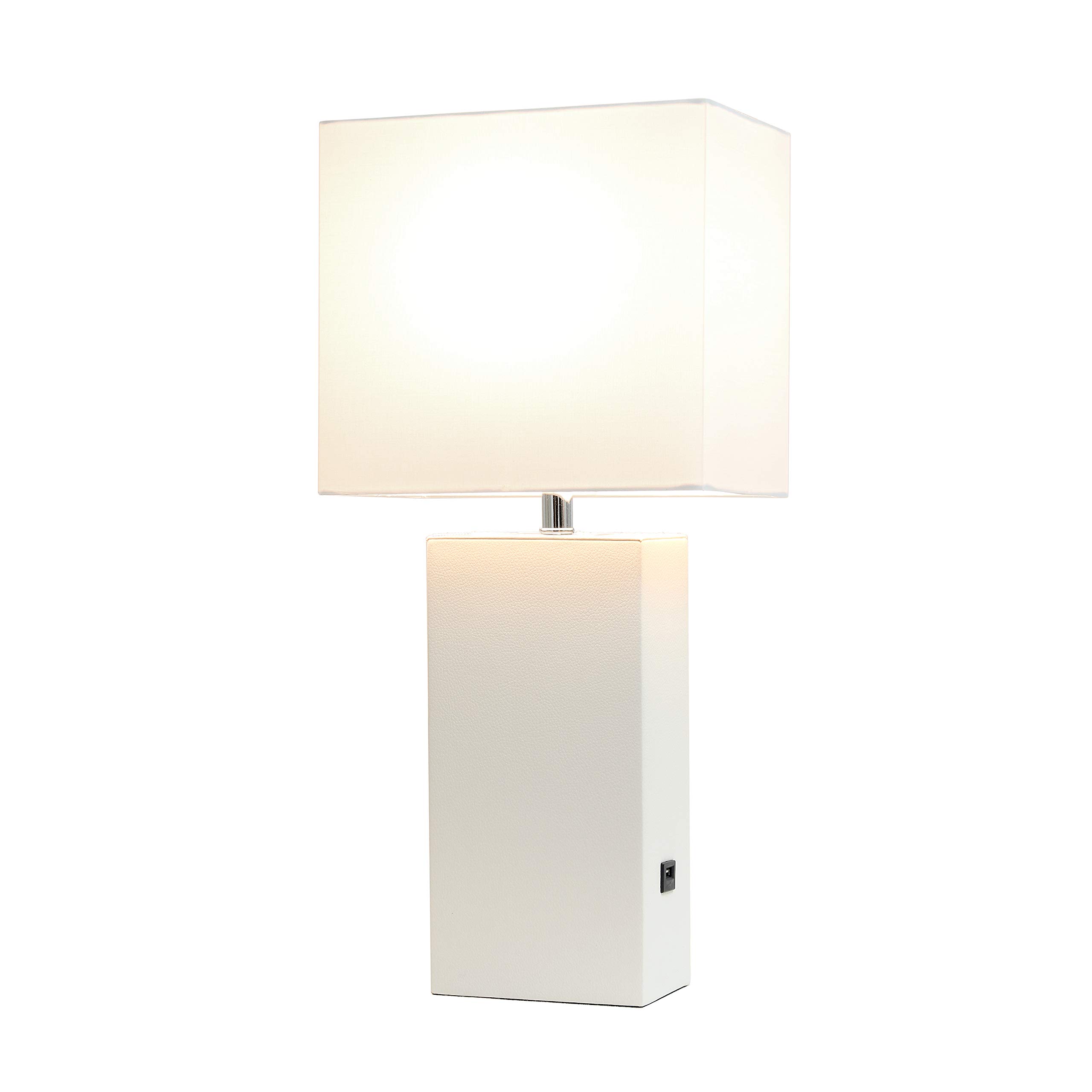 Elegant Designs LT1053-WHT Modern Leather Table Lamp with USB and White Fabric Shade, White