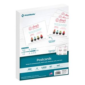 printworks heavyweight printable postcards for mailings, flashcards, and more, 67lb/147gsm, 4 cards per sheet, 250 sheets, 1000 cards total, white (04299) (4.25 x 5.5 inches postcard size)