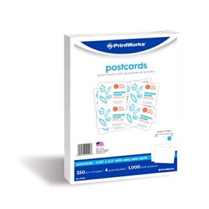 PrintWorks Heavyweight Printable Postcards for Mailings, Flashcards, and More, 67lb/147gsm, 4 Cards Per Sheet, 250 Sheets, 1000 Cards Total, White (04299) (4.25 x 5.5 Inches Postcard Size)