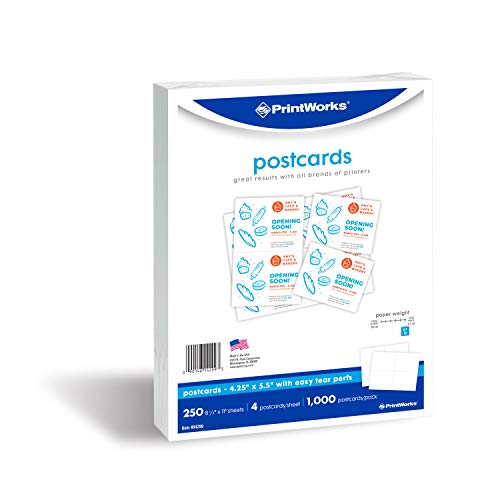 PrintWorks Heavyweight Printable Postcards for Mailings, Flashcards, and More, 67lb/147gsm, 4 Cards Per Sheet, 250 Sheets, 1000 Cards Total, White (04299) (4.25 x 5.5 Inches Postcard Size)