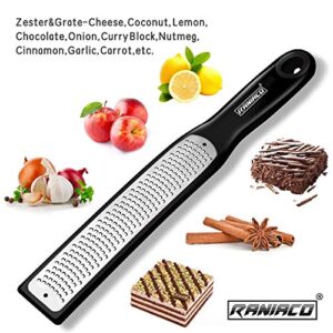 Raniaco Lemon Zester Citrus Grater - Stainless Steel Grater, Flat Kitchen Graters for Cheese, Lemon, Garlic, Chocolate Zester with Soft Protective Cover, Rubber Base Long Handheld Grater (Long)