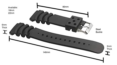 STUNNING SELECTION ALPINE Heavy Duty Black Rubber Watch Band for Diver Watches for Wider wrist ONLY (Fits wrist sizes 7 1/2 to 9 inch) - 22XL, BLACK