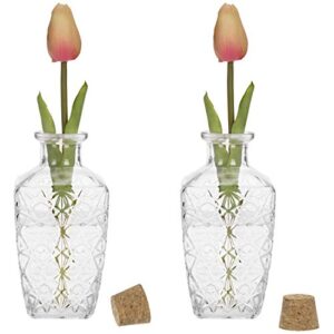 MyGift Diamond-Faceted Apothecary Glass Bottle - Mini Decorative Reed Diffuser Bottles with Cork Lid, Set of 2