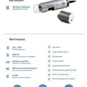 Dino-Lite USB Digital Microscope AF3113T - 0.3MP, 20x - 220x Optical Magnification, Measurement, WF-20 Compatible