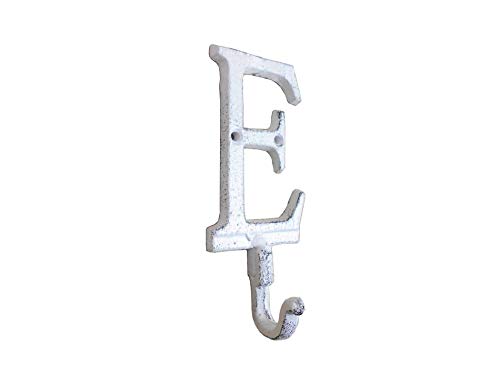 Hampton Nautical Whitewashed Cast Iron Letter E Alphabet Wall Hook 6" - Vintage Cast Iron - Cast