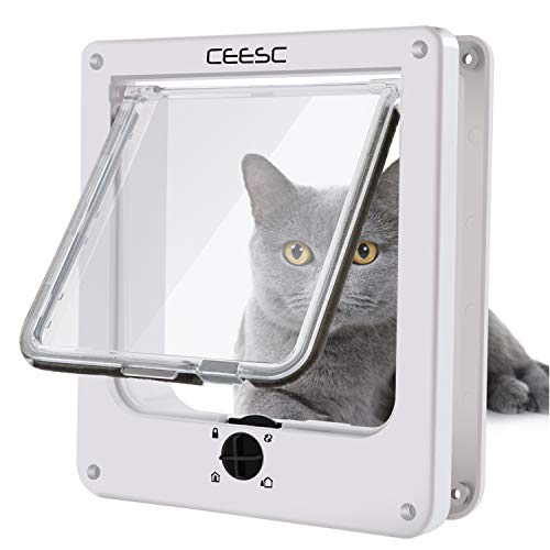 CEESC Cat Doors, Magnetic Pet Door with Rotary 4 Way Lock for Cats, Kitties and Kittens, Upgraded Version (Medium, White)