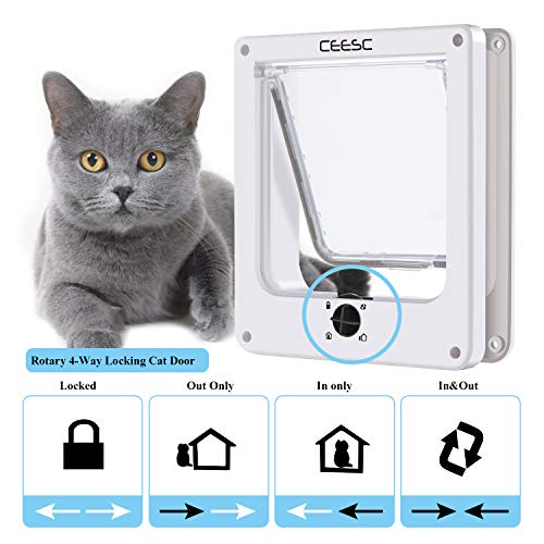 CEESC Cat Doors, Magnetic Pet Door with Rotary 4 Way Lock for Cats, Kitties and Kittens, Upgraded Version (Medium, White)