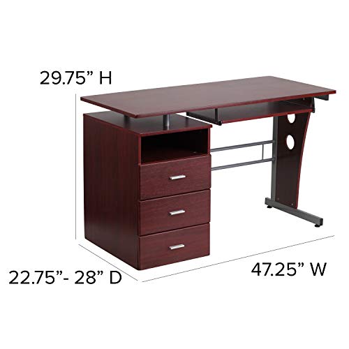 EMMA + OLIVER Mahogany Desk with Three Drawer Pedestal and Keyboard Tray