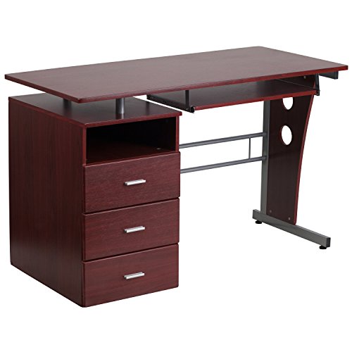 EMMA + OLIVER Mahogany Desk with Three Drawer Pedestal and Keyboard Tray