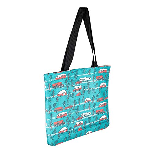 Camco Life Is Better at The Campsite Tote Bag | Features Teal Camper/RV Theme | Fully Lined Interior with Zippered Interior Pocket (53269) White Large