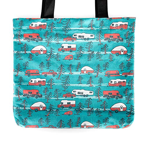 Camco Life Is Better at The Campsite Tote Bag | Features Teal Camper/RV Theme | Fully Lined Interior with Zippered Interior Pocket (53269) White Large