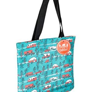 Camco Life Is Better at The Campsite Tote Bag | Features Teal Camper/RV Theme | Fully Lined Interior with Zippered Interior Pocket (53269) White Large