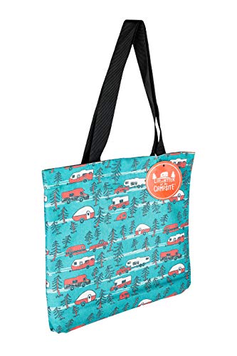 Camco Life Is Better at The Campsite Tote Bag | Features Teal Camper/RV Theme | Fully Lined Interior with Zippered Interior Pocket (53269) White Large
