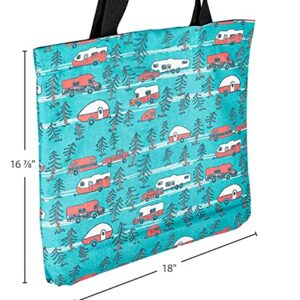 Camco Life Is Better at The Campsite Tote Bag | Features Teal Camper/RV Theme | Fully Lined Interior with Zippered Interior Pocket (53269) White Large