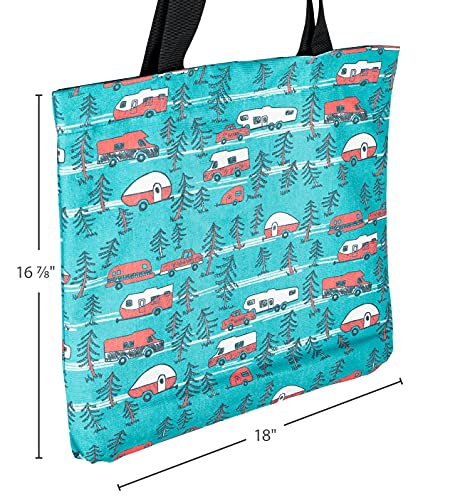 Camco Life Is Better at The Campsite Tote Bag | Features Teal Camper/RV Theme | Fully Lined Interior with Zippered Interior Pocket (53269) White Large