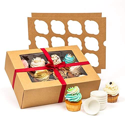 Smirly Cupcake Boxes 12 Count: Disposable Cupcake Containers 12 Count, Cupcake Holder with Lid, Cupcake Carrier, Bakery Boxes with Window, Pastry Boxes, Brown Cookie Boxes with Window Long Treat Boxes