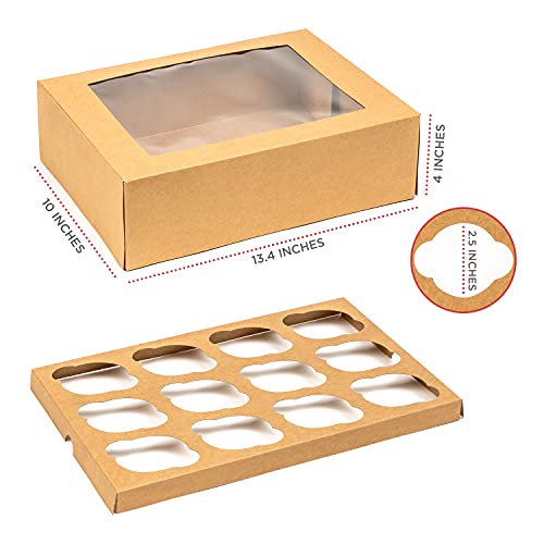 Smirly Cupcake Boxes 12 Count: Disposable Cupcake Containers 12 Count, Cupcake Holder with Lid, Cupcake Carrier, Bakery Boxes with Window, Pastry Boxes, Brown Cookie Boxes with Window Long Treat Boxes