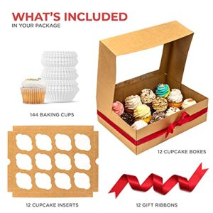 Smirly Cupcake Boxes 12 Count: Disposable Cupcake Containers 12 Count, Cupcake Holder with Lid, Cupcake Carrier, Bakery Boxes with Window, Pastry Boxes, Brown Cookie Boxes with Window Long Treat Boxes