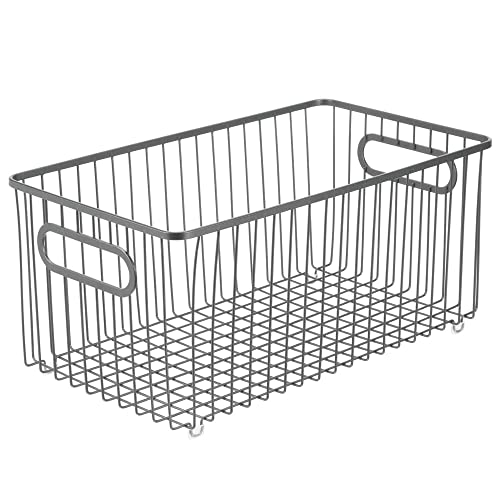 mDesign Metal Farmhouse Kitchen Pantry Food Storage Organizer Basket Bin, Wire Grid Design - for Cabinets, Cupboards, Shelves, Countertops - Holds Potatoes, Onions, Fruit, Extra Large - Graphite Gray