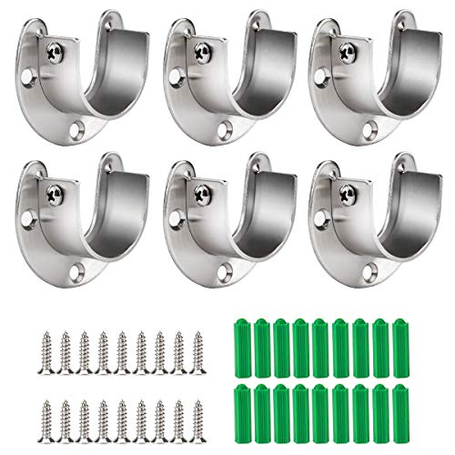 Cosweet 6 Packs Stainless Steel Closet Pole Sockets- Closet Rod End Supports, Flange Set Rod Holder with Screws for Easy Installation&Quick Removal (U Shaped)