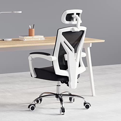 Hbada Ergonomic Office Chair High Back Desk Chair Recliner Chair with Lumbar Support Height Adjustable Seat, Headrest- Breathable Mesh Back Soft Foam Seat Cushion, White