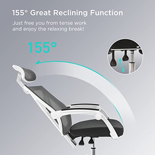 Hbada Ergonomic Office Chair High Back Desk Chair Recliner Chair with Lumbar Support Height Adjustable Seat, Headrest- Breathable Mesh Back Soft Foam Seat Cushion, White