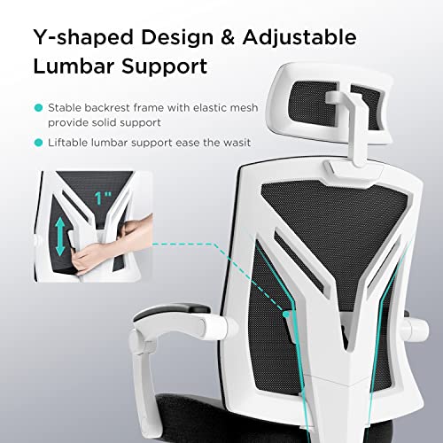 Hbada Ergonomic Office Chair High Back Desk Chair Recliner Chair with Lumbar Support Height Adjustable Seat, Headrest- Breathable Mesh Back Soft Foam Seat Cushion, White