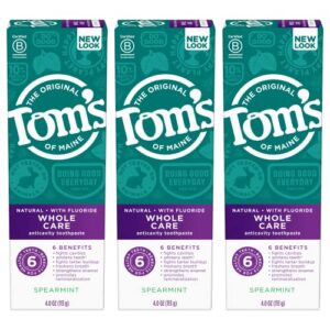 tom's of maine whole care natural toothpaste with fluoride, spearmint, 4 oz. 3-pack