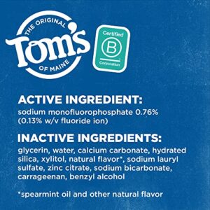 Tom's of Maine Whole Care Natural Toothpaste with Fluoride, Spearmint, 4 oz. 3-Pack