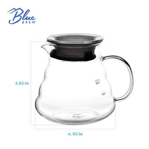 BLUE BREW BB1008 600 ML(20oz), Glass Coffee Server for Pour Over Coffee Maker, Heat Resistant Glass Coffee Carafe