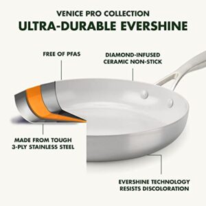 GreenPan Venice Pro Tri-Ply Stainless Steel Healthy Ceramic Nonstick 10" Frying Pan Skillet, PFAS-Free, Multi Clad, Induction, Dishwasher Safe, Oven Safe, Silver