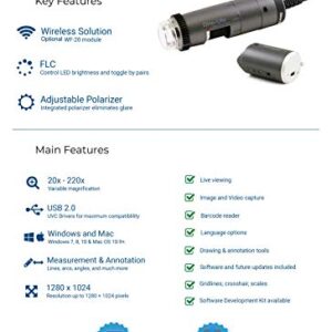 Dino-Lite USB Digital Microscope AF4115ZT - 1.3MP, 20x - 220x Optical Magnification, Measurement, Polarized Light, WF-20 Compatible